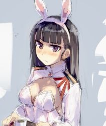 Rule 34 | 1girl, anabuki tomoko, animal ears, bad id, bad twitter id, black hair, blunt bangs, blush, breasts, cleavage, cup, fake animal ears, flying sweatdrops, holding, holding plate, large breasts, long hair, looking at viewer, military, military uniform, nose blush, ohashi (hashidate), plate, purple eyes, rabbit ears, simple background, solo, straight hair, strike witches, strike witches: suomus misfits squadron, uniform, upper body, world witches series