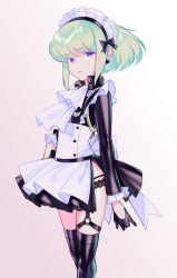 Rule 34 | 1boy, adapted costume, alternate costume, apron, black gloves, black thighhighs, burrrntlemon, closed mouth, commentary request, crossdressing, enmaided, expressionless, gloves, green hair, highres, lio fotia, long sleeves, looking at viewer, maid, maid apron, maid headdress, male focus, promare, purple eyes, short hair, solo, standing, thighhighs, trap