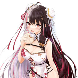 Rule 34 | 1girl, ahoge, animal print, baozi, bell, black hair, blush, breasts, bun cover, chest strap, china dress, chinese clothes, cleavage, clothing cutout, covered navel, double bun, dress, eating, eyeshadow, floral print dress, food, food bite, hair bell, hair bun, hair ornament, highres, holding, holding food, jingle bell, ku (2025346), large breasts, long hair, looking at viewer, makeup, multicolored hair, multicolored ribbon, navel cutout, nijisanji, open mouth, pelvic curtain, print dress, rabbit print, red eyes, red eyeshadow, red hair, ribbon, simple background, solo, split-color hair, streaked hair, tassel, tassel hair ornament, tongue, tongue out, two-tone hair, underboob cutout, very long hair, virtual youtuber, white background, white dress, white hair, yorumi rena, yorumi rena (10th costume)