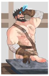 Rule 34 | 1boy, anvil, bandaged arm, bandages, bara, beard, black eyes, black hair, blacksmith, blush, crystal, ear blush, erection, facial hair, genshin impact, gloves, highres, leather belt, looking at viewer, male focus, mature male, muscular, muscular male, mustache, revealing clothes, short hair, solo, sweat, testicles press, thick eyebrows, topless male, wagner (genshin impact), wickedsturdy
