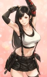 Rule 34 | 1girl, absurdres, armpits, arms up, bare shoulders, belt, black hair, black skirt, black thighhighs, breasts, cleavage, commentary request, earrings, elbow gloves, final fantasy, final fantasy vii, final fantasy vii remake, gloves, gradient background, highres, jewelry, lips, long hair, looking at viewer, low-tied long hair, makimura shunsuke, miniskirt, navel, pink background, red eyes, revision, simple background, skirt, smile, solo, stomach, suspender skirt, suspenders, suspenders gap, swept bangs, tank top, thighhighs, tifa lockhart, toned, white tank top, zettai ryouiki