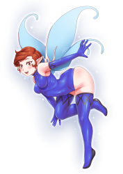 Rule 34 | 1girl, absurdres, akazai, blue gloves, blue leotard, blue thighhighs, blue wings, breasts, brown hair, elbow gloves, fairy, fairy wings, full body, gloves, highleg, highleg leotard, highres, leotard, pixie (megami tensei), pointy ears, red hair, shin megami tensei, shiny clothes, shiny skin, short hair, simple background, solo, thighhighs, wings