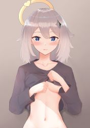 Rule 34 | 1girl, absurdres, areola slip, black shirt, blue eyes, blush, breasts, brown background, clothes lift, genshin impact, grey hair, halo, heart, heart-shaped pupils, highres, isetnation, lifting own clothes, long sleeves, medium breasts, navel, aged up, paimon (genshin impact), shirt, shirt lift, solo, symbol-shaped pupils, upper body