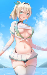 Rule 34 | 1girl, adapted costume, bandaged arm, bandages, bikini, bikini skirt, bikini under clothes, black hairband, blue sky, blush, breasts, chest sarashi, cloud, cowboy shot, crop top, crossed bangs, day, front-tie top, gluteal fold, gold choker, hair between eyes, hair ornament, hairband, highres, hololive, horizon, kazama iroha, leaf hair ornament, looking at viewer, medium breasts, microskirt, navel, ocean, open mouth, outdoors, sarashi, short ponytail, short sleeves, signature, skindentation, skirt, sky, solo, stomach, swimsuit, thighhighs, thighs, underboob, virtual youtuber, water, white thighhighs, xlyami