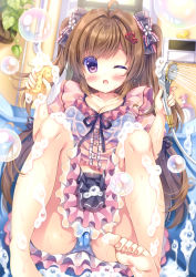 Rule 34 | 1girl, ;o, absurdres, ahoge, barefoot, bath, bathtub, black bow, black skirt, blue bra, blue panties, blush, bow, bra, brown hair, commentary request, floral print, flower, frilled bow, frills, hair bow, hair flower, hair ornament, hands up, heart, heart hair ornament, highres, holding, knees up, kouta., long hair, looking at viewer, moe2022, one eye closed, open mouth, original, panties, pink shirt, pleated skirt, print bra, print panties, purple eyes, rubber duck, see-through, shirt, shower head, skirt, soap bubbles, soles, solo, sponge, two side up, underwear, very long hair, wet, wet clothes, wet shirt, white flower