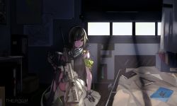 Rule 34 | 1girl, absurdres, arm support, armband, assault rifle, bandaid, bed, black hair, black thighhighs, book, breasts, brown eyes, brown hair, clothes around waist, damaged, girls&#039; frontline, gloves, gun, hand up, headphones, highres, holding, indoors, jacket, jacket around waist, knee up, light rays, long hair, looking at viewer, m4 carbine, m4a1 (girls&#039; frontline), multicolored hair, open mouth, orga (orgacl), rifle, scarf, sidelocks, sitting, solo, streaked hair, text focus, thighhighs, thighs, torn clothes, walkie-talkie, weapon