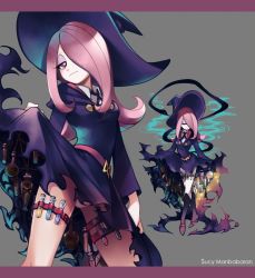Rule 34 | 10s, belt, boots, character name, hair over one eye, hat, high heel boots, high heels, highres, holster, legs, leila (yurisouls), little witch academia, long hair, multiple views, panties, pantyshot, pink hair, red eyes, skirt, smile, sucy manbavaran, thigh holster, underwear, vial, witch, witch hat