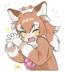 Rule 34 | + +, 10s, 1girl, :d, animal ears, appleq, ascot, blush, brown eyes, brown hair, commentary request, fang, fur collar, gloves, grey hair, hands up, highres, interlocked fingers, japanese wolf (kemono friends), kemono friends, long hair, long sleeves, looking at viewer, multicolored hair, open mouth, orange pupils, own hands together, plaid, plaid ascot, plaid neckwear, sailor collar, smile, solo, sparkle, sweater, two-tone hair, upper body, white gloves, wolf ears