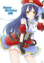 Rule 34 | 1girl, arm up, birthday, black gloves, blue hair, character name, commentary request, cowboy shot, gloves, hair between eyes, happy birthday, hat, long hair, love live!, love live! school idol festival, love live! school idol project, miyamori raira, open mouth, pirate costume, pirate hat, simple background, skirt, sleeveless, solo, sonoda umi, yellow eyes