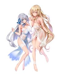 Rule 34 | 2girls, absurdres, bare legs, barefoot, blue eyes, blue nails, bracelet, breasts, chemise, cleavage, dress, finger to mouth, full body, glint, hair ribbon, highres, huge breasts, jewelry, large breasts, light brown hair, lingerie, long hair, midoriiro no shinzou, multiple girls, nail polish, navel, necklace, non-web source, one side up, original, panties, pink eyes, ribbon, see-through, sidelocks, silver hair, simple background, smile, strap slip, string panties, toenail polish, toenails, underwear, underwear only, very long hair, white background, white dress, white panties, yellow nails