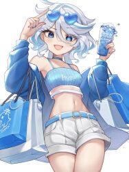 Rule 34 | 1girl, :d, bag, bare shoulders, belt, blue belt, blue choker, blue eyes, blue jacket, blue nails, camisole, character name, choker, clothes writing, commentary, cowboy shot, cup, drinking glass, eyewear on head, fang, furina (genshin impact), genshin impact, hands up, highres, holding, holding cup, jacket, long sleeves, looking at viewer, nail polish, nightbawnana, off shoulder, open mouth, paimon (genshin impact), shopping bag, shorts, simple background, skin fang, smile, solo, spaghetti strap, standing, sunglasses, thighs, white background, white hair, white shorts