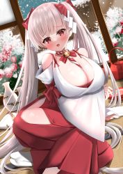 Rule 34 | 1girl, absurdres, azur lane, balut (7676i), bell, blunt bangs, blush, breasts, cleavage, commentary request, fence, formidable (azur lane), hair ribbon, hakama, hakama skirt, highres, indoors, japanese clothes, kimono, large breasts, light brown hair, looking at viewer, miko, neck bell, on floor, red eyes, red hakama, ribbon, rose bush, sitting, skirt, smile, snow, solo, tatami, tokkuri, twintails, white kimono, winter, wooden fence