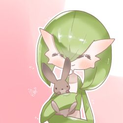Rule 34 | 1girl, :3, ^ ^, animal, artist name, black eyes, blush, bob cut, closed eyes, closed mouth, colored skin, creatures (company), female focus, flat chest, game freak, gardevoir, gen 3 pokemon, green hair, green skin, hair between eyes, happy, highres, holding, holding animal, ingo (rizumu), multicolored skin, nintendo, outline, pink background, pokemon, pokemon (creature), rabbit, short hair, sideways mouth, signature, simple background, smile, solo, sparkle, standing, two-tone skin, upper body, white outline, white skin