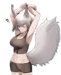 Rule 34 | 1girl, ?, animal ears, arknights, armpits, arms up, ashlock (arknights), bare arms, bare shoulders, bike shorts, black shorts, breasts, cleavage, closed mouth, cowboy shot, grey eyes, highres, horn/wood, large breasts, large tail, looking at viewer, material growth, one eye closed, oripathy lesion (arknights), short hair, shorts, silver hair, simple background, solo, sports bra, squirrel ears, squirrel girl, squirrel tail, stretching, sweat, tail, white background