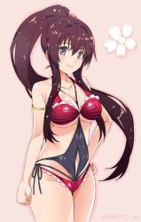 Rule 34 | 10s, 1girl, breasts, brown hair, cherry blossoms, clothing cutout, female focus, hand on own hip, jpeg artifacts, kantai collection, large breasts, long hair, looking at viewer, mizuki makoto, navel cutout, ponytail, simple background, smile, solo, swimsuit, very long hair, yamato (kancolle)