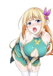 Rule 34 | 1girl, backless dress, backless outfit, bare shoulders, blonde hair, blue eyes, blush, breasts, butterfly hair ornament, cleavage cutout, clothing cutout, collarbone, detached sleeves, dress, elf, fangs, female pervert, green dress, hair ornament, heavy breathing, highres, large breasts, leaning forward, legs, long hair, looking at viewer, naughty face, open mouth, original, pervert, pointy ears, thighhighs, thighs, tomokichi, tongue, tongue out, white thighhighs