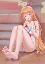 Rule 34 | 1girl, bare legs, bare shoulders, barefoot, bikini, blue eyes, bound, breasts, feet, floor, foot focus, foreshortening, hair ribbon, haneru, highres, large breasts, long hair, looking at viewer, no shoes, open mouth, orange hair, panties, pecorine (princess connect!), pecorine (summer) (princess connect!), princess connect!, ribbon, soles, solo, swimsuit, tied up, toes, underwear, white bikini