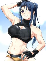 Rule 34 | 1girl, akira hjk, bare shoulders, blue hair, breasts, cleavage, cleavage cutout, clothing cutout, fingerless gloves, genjitsu no yohane, gloves, grin, hand on own head, hand on own hip, highres, kanan (genjitsu no yohane), large breasts, love live!, love live! sunshine!!, matsuura kanan, midriff, muscular, muscular female, navel, ponytail, purple eyes, simple background, smile, solo, sweat, tagme