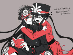 Rule 34 | 1boy, 1girl, belt, black shirt, book, brother and sister, crest, family crest, fate/grand order, fate (series), fiery hair, grey background, hat, heart, holding, holding book, hug, hug from behind, long hair, long sleeves, military hat, multiple girls, oda nobukatsu (fate), oda nobunaga (fate), oda uri, open book, peaked cap, reading, red eyes, red shirt, red skirt, sempon (doppio note), shako cap, shirt, siblings, simple background, sitting, skirt, surprised, upper body