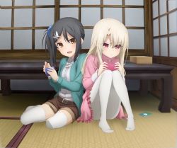 Rule 34 | 2girls, alternate costume, black hair, blouse, blush, breasts, fate/kaleid liner prisma illya, fate (series), game console, hair between eyes, hair ornament, hairclip, handheld game console, highres, hiroyama hiroshi, illyasviel von einzbern, indoors, long hair, miyu edelfelt, multiple girls, official art, open mouth, pantyhose, playing games, pout, red eyes, shirt, sitting, skirt, small breasts, thighhighs, white hair, white legwear, white shirt, yellow eyes