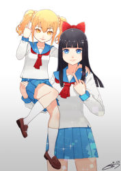 Rule 34 | 10s, 2girls, bad id, bad pixiv id, black hair, blue eyes, blue skirt, bow, brown eyes, brown footwear, brown hair, carrying, dated, hair bow, long hair, middle finger, multiple girls, pipimi, poptepipic, popuko, red bow, school uniform, short twintails, skirt, smile, ssalbaram, standing, twintails, white legwear