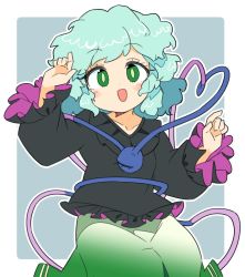 Rule 34 | 1girl, alternate color, black shirt, blush, bright pupils, commentary request, green eyes, green hair, green skirt, hands up, heart, heart of string, highres, ini (inunabe00), komeiji koishi, long sleeves, looking at viewer, medium hair, no headwear, no headwear, open mouth, outline, purple shirt, shirt, simple background, skirt, smile, solo, third eye, touhou, two-sided shirt, white outline