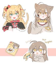 Rule 34 | &gt; o, 2girls, :q, absurdres, ahoge, akai haato, akai haato (gothic lolita), animal collar, animal ears, berry, black capelet, blonde hair, blue eyes, blush, box, brown hair, brown hoodie, capelet, chibi, collar, dog ears, dog tail, earrings, english text, food-themed earrings, frilled capelet, frills, hair ornament, hair ribbon, heart, heart collar, heart hair ornament, highres, holding, holding leash, hololive, hololive english, hood, hoodie, jewelry, leash, licking lips, long hair, multicolored hair, multiple girls, multiple views, nanashi mumei, nanashi mumei (casual), official alternate costume, one eye closed, red collar, red shirt, ribbon, shirt, streaked hair, sweater, tail, tongue, tongue out, twintails, very long hair, virtual youtuber, white sweater, xx tk9, yellow collar, yellow eyes