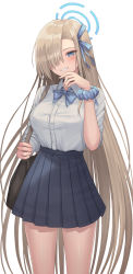Rule 34 | 1girl, absurdres, asuna (blue archive), bag, black choker, blue archive, blue bow, blue eyes, blue skirt, blush, bow, breasts, brown bag, choker, collared shirt, cowboy shot, grin, hair bow, hair ornament, hair over one eye, halo, hand on own face, hand up, highres, holding strap, light brown hair, long hair, looking at viewer, medium breasts, messenger bag, miniskirt, official alternate costume, open mouth, pleated skirt, scrunchie, seungju lee, shirt, short sleeves, shoulder bag, simple background, skirt, smile, solo, straight hair, tented shirt, very long hair, white background, white shirt, wing collar