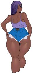 Rule 34 | 1girl, ass, backboob, bare shoulders, breasts, curvy, dark-skinned female, dark skin, elf-san wa yaserarenai., eure (elf-san wa yaserarenai.), exposed pocket, huge breasts, kneepits, long hair, looking at viewer, looking back, pointy ears, purple hair, short shorts, shorts, simple background, solo, synecdoche, thick thighs, thighs, very dark skin, white background, wide hips