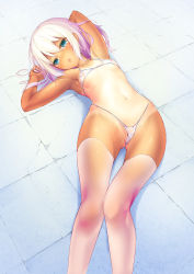 Rule 34 | 1girl, armpits, arms up, bikini, blue eyes, blush, breasts, covered erect nipples, dobunezumi, gradient hair, highres, looking at viewer, lying, micro bikini, multicolored hair, on back, open mouth, original, purple hair, see-through, short hair, silver hair, small breasts, solo, sweat, swimsuit, tan, thighhighs, tongue, tongue out, wet, wet clothes
