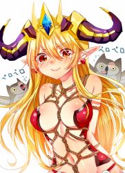 Rule 34 | 1girl, animal, armor, arms behind back, bad id, bad pixiv id, bare shoulders, bdsm, bikini armor, bird, blonde hair, blush, breasts, collarbone, crying, crying with eyes open, demon girl, demon horns, earrings, groin, guiyu (cindy), heart, heart earrings, horns, jewelry, lilith (p&amp;d), lips, long hair, midriff, navel, orange eyes, owl, pointy ears, puzzle &amp; dragons, rope, shibari, smile, solo, tears, tiara, very long hair