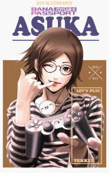 Rule 34 | 10s, 1girl, 2016, ;), bad id, bad pixiv id, bespectacled, brown eyes, brown hair, casual, controller, dualshock, finger in own mouth, game controller, gamepad, gesture, gigiman (giginoart), glasses, kazama asuka, lips, one eye closed, outstretched hand, parted bangs, pinky out, playstation controller, short hair, smile, solo, striped, tekken