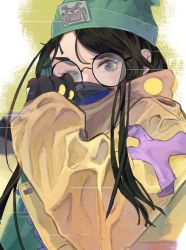 Rule 34 | 1girl, animification, beanie, black gloves, black hair, covered mouth, fingerless gloves, gado (zegisia08), glasses, gloves, green hat, hair behind ear, hat, highres, jacket, killjoy (valorant), looking at viewer, portrait, round eyewear, solo, valorant, yellow jacket