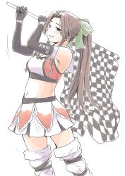Rule 34 | 1girl, adapted costume, alternate hairstyle, black gloves, brown eyes, brown hair, character name, checkered flag, cowboy shot, elbow gloves, flag, from side, gloves, half updo, highres, holding, holding flag, jintsuu (kancolle), kantai collection, long hair, looking at viewer, midriff, navel, ponytail, simple background, skirt, solo, thighhighs, vent arbre, white background