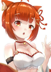 Rule 34 | 1girl, ahoge, animal ear fluff, animal ears, arm strap, bell, blunt bangs, blush, bob cut, breasts, choker, cleavage, commentary, crop top, ear ornament, hair ornament, hairclip, halterneck, highres, karefu, looking at viewer, medium breasts, neck bell, nijisanji, ratna petit, red choker, red eyes, red panda ears, shirt, short hair, simple background, solo, upper body, v, virtual youtuber, white background, white shirt, x hair ornament