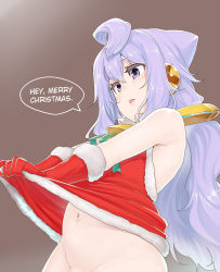 Rule 34 | 10s, 1boy, ahoge, alternate costume, bare shoulders, bell, belly, christmas, clothes lift, dress, dress lift, fur, gloves, hacka doll, hacka doll 3, hair between eyes, hair ornament, hard-translated, lappuru, light purple hair, long hair, male focus, navel, open mouth, out-of-frame censoring, purple eyes, red gloves, santa costume, simple background, sleeveless, sleeveless dress, solo, stomach, third-party edit, translated, trap