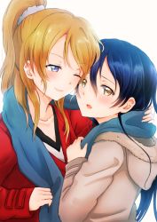 Rule 34 | 10s, 2girls, ;), ayase eli, blonde hair, blue eyes, blue hair, blue scarf, brown eyes, coat, half-closed eyes, highres, hood, hood down, lilylion26, long hair, looking at another, looking at viewer, love live!, love live! school idol project, multiple girls, one eye closed, open mouth, ponytail, scarf, scrunchie, shared clothes, shared scarf, smile, sonoda umi, upper body, yuri