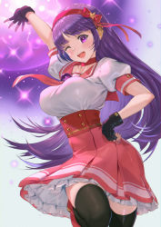 Rule 34 | 1girl, asamiya athena, breasts, dress, fingerless gloves, frilled dress, frills, gloves, hair ribbon, highres, looking at viewer, medium breasts, mhk (mechamania), one eye closed, purple hair, ribbon, smile, snk, solo, the king of fighters, the king of fighters xiv, thighhighs, zettai ryouiki