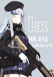 Rule 34 | 1girl, absurdres, assault rifle, bad id, bad pixiv id, beret, black hat, black jacket, black skirt, blunt bangs, blush, breasts, character name, closed mouth, commentary request, cowboy shot, girls&#039; frontline, gloves, green eyes, grey background, gun, h&amp;k hk416, hair ornament, hat, heckler &amp; koch, highres, hk416 (girls&#039; frontline), holding, holding gun, holding weapon, jacket, long hair, long sleeves, looking at viewer, medium breasts, mikoto (oi plus), miniskirt, name connection, object namesake, plaid, plaid skirt, pleated skirt, rifle, silver hair, simple background, skirt, solo, trigger discipline, very long hair, weapon, white gloves