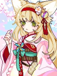 Rule 34 | 1girl, animal ears, apron, arknights, blonde hair, chinese commentary, cigaretheart, closed mouth, coin purse, commentary request, flower, fox ears, fox girl, frilled apron, frills, green eyes, hair flower, hair ornament, hairband, japanese clothes, jpeg artifacts, kimono, long hair, long sleeves, looking at viewer, obi, official alternate costume, pink kimono, pinwheel, pixel art, red hairband, sash, solo, suzuran (arknights), suzuran (yukibare) (arknights), upper body, waist apron, white apron, wide sleeves, yagasuri
