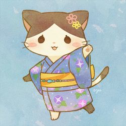 Rule 34 | animal, artist name, ayu (mog), bad id, bad pixiv id, black eyes, blush stickers, cat, clothed animal, japanese clothes, kimono, looking at viewer, lowres, no humans, original, solo