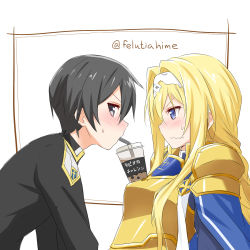 Rule 34 | 1boy, 1girl, alice zuberg, armor, artist name, bendy straw, black eyes, black hair, blonde hair, blue eyes, blush, breasts, bubble tea, bubble tea challenge, commentary request, cup, disposable cup, drink, drinking straw, epaulettes, felutiahime, from side, gold armor, hairband, highres, kirito, long hair, looking at another, looking at viewer, md5 mismatch, open mouth, short hair, shoulder armor, sweatdrop, sword art online, sword art online: alicization, translated, upper body, white background, white hairband