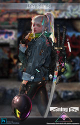 Rule 34 | 1girl, absurdres, ass, backpack, bag, black gloves, black pants, blue eyes, blunt bangs, blurry, cable, colored skin, commentary request, crooked monkey, cyberpunk, dated, denim, denim jacket, depth of field, earbuds, earphones, english text, eyelashes, eyepatch, fingerless gloves, gloves, hair ornament, hairclip, unworn headwear, helmet, unworn helmet, high ponytail, highres, holding, holding helmet, horns, jacket, katana, leather, leather pants, lips, long hair, looking at viewer, motorcycle helmet, multicolored hair, multiple swords, one-eyed, oni, oni horns, original, pants, parted lips, pin, pink skin, rainbow hair, realism, realistic, safety pin, scarf, silver hair, soft focus, solo, sword, tight clothes, tight pants, weapon, weapon on back