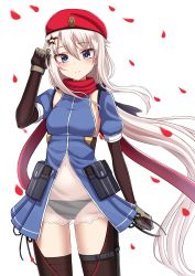 Rule 34 | 1girl, 9a-91 (girls&#039; frontline), absurdres, beret, black panties, blue dress, blue eyes, breasts, brown gloves, brown legwear, commentary request, cowboy shot, detached sleeves, dress, elbow gloves, girls&#039; frontline, gloves, gluteal fold, hair between eyes, hair ornament, hairclip, hand up, hat, highres, long hair, looking at viewer, low ponytail, panties, petals, pouch, red hat, red scarf, scarf, see-through, short sleeves, side-tie panties, silver hair, simple background, small breasts, smile, solo, standing, star (symbol), star hair ornament, thighs, underwear, very long hair, white background, yakob labo
