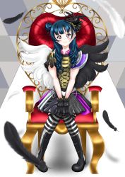 Rule 34 | 1girl, artist name, artist request, asymmetrical wings, band uniform, belt, black feathers, black footwear, black gloves, black hat, black legwear, black shirt, black skirt, black wings, blue hair, blush, boots, breasts, chair, collared shirt, epaulettes, feathers, female focus, fingerless gloves, frilled sleeves, frills, full body, gloves, hair bun, hair over shoulder, hat, high heel boots, high heels, highres, in the unstabe world, in the unstabe world (love live!), long hair, looking at viewer, love live!, love live! school idol festival, love live! sunshine!!, mini hat, miniskirt, mismatched wings, on chair, parted lips, pink eyes, plaid, plaid skirt, pleated, pleated skirt, purple eyes, purple skirt, shirt, short sleeves, shoulder pads, side bun, single hair bun, sitting, skirt, small breasts, smile, solo, striped legwear, throne, tsushima yoshiko, white belt, white legwear, white wings, wings
