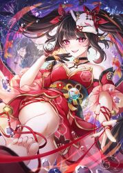 Rule 34 | 1girl, air bubble, bare shoulders, bell, black gloves, black hair, bright pupils, bubble, butterfly-shaped pupils, detached sleeves, dress, fireworks, floating hair, fox mask, gloves, hair ornament, highres, honkai: star rail, honkai (series), long hair, looking at viewer, mask, mask on head, neck bell, nyamaso, open mouth, pink eyes, red dress, short sleeves, signature, single glove, smile, soles, sparkle (honkai: star rail), symbol-shaped pupils, teeth, toes, twintails, twitter username, upper teeth only, white pupils