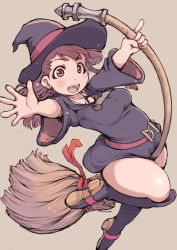 Rule 34 | 10s, 1girl, broom, broom riding, brown hair, female focus, hat, ibukichi, kagari atsuko, little witch academia, open mouth, red eyes, solo, witch, witch hat