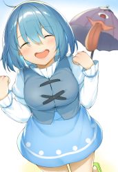 Rule 34 | 1girl, ahoge, bad id, bad pixiv id, blue hair, blue skirt, blue vest, blurry, blurry background, blush, breasts, closed eyes, commentary request, cross-laced clothes, day, depth of field, dutch angle, feet out of frame, green footwear, hair between eyes, hands up, happy, highres, juliet sleeves, jumping, karakasa obake, large breasts, long sleeves, open mouth, piyodesu, puffy sleeves, purple umbrella, shirt, short hair, skirt, sky, smile, solo, tatara kogasa, teeth, tongue, tongue out, touhou, umbrella, upper teeth only, vest, white shirt