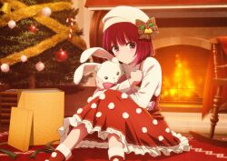 Rule 34 | 1girl, absurdres, arima kana, bell, beret, blunt bangs, blush, bob cut, boots, bow, box, christmas, christmas ornaments, christmas tree, closed mouth, commentary, crossed arms, dress, english commentary, eyelashes, feet out of frame, fireplace, frilled dress, frills, gift, gift box, glint, green ribbon, hair bell, hair bow, hair ornament, hat, highres, hirayama kanna, holding, holding stuffed toy, indoors, knees together feet apart, knees up, long dress, long sleeves, looking at viewer, mistletoe, official art, open box, oshi no ko, pink bow, pom pom (clothes), red bow, red dress, red eyes, red hair, ribbon, santa boots, santa hat, shirt, short hair, sitting, sleeveless, sleeveless dress, solo, stuffed animal, stuffed rabbit, stuffed toy, white hat, white shirt