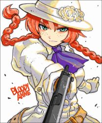 Rule 34 | 1girl, aged up, alternate costume, anne of green gables, anne shirley, braid, female focus, flower, freckles, green eyes, gun, hat, johnnie, nippon animation, red hair, simple background, smirk, solo, twin braids, weapon, white background, world masterpiece theater